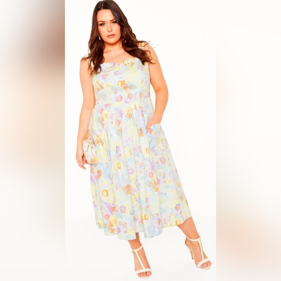 City Chic Pastel Floral Midi Dress in Light Blue and Yellow Accents - Picture 2 of 15